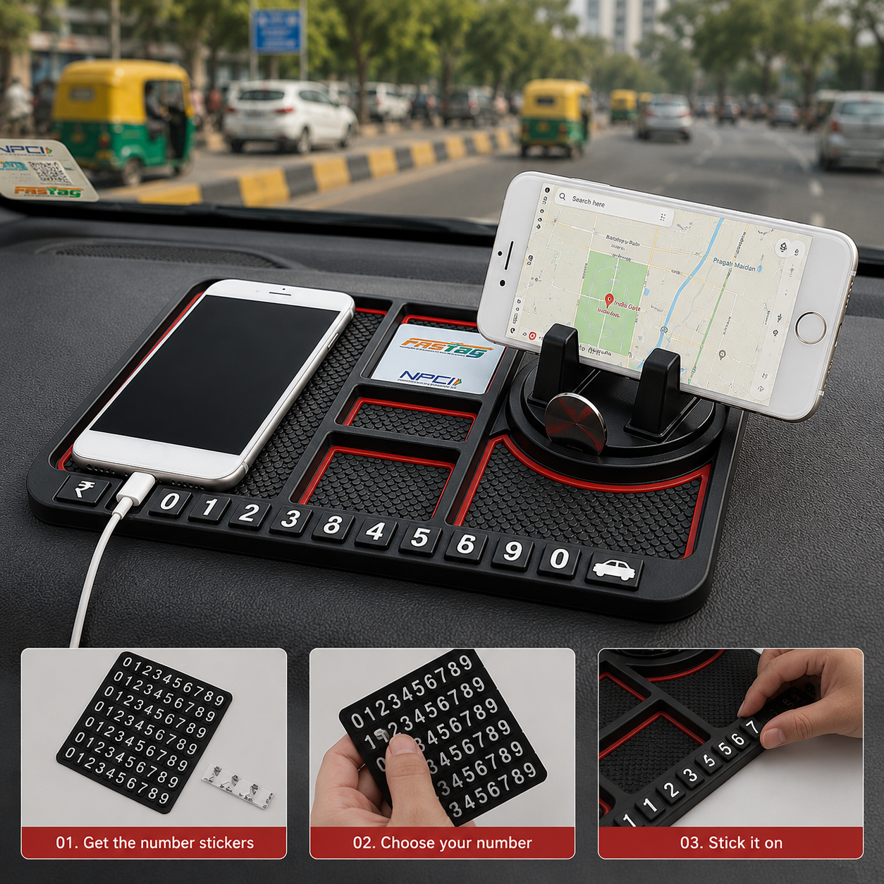 360° Rotating Car Phone Mount & Anti-Slip Dashboard Mat